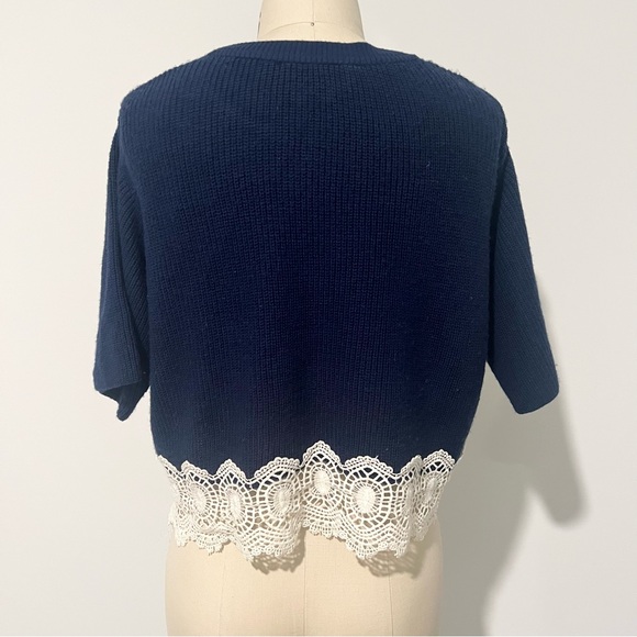 Topshop Navy Blue Lace Hem Short Sleeve Sweater - Picture 2 of 5